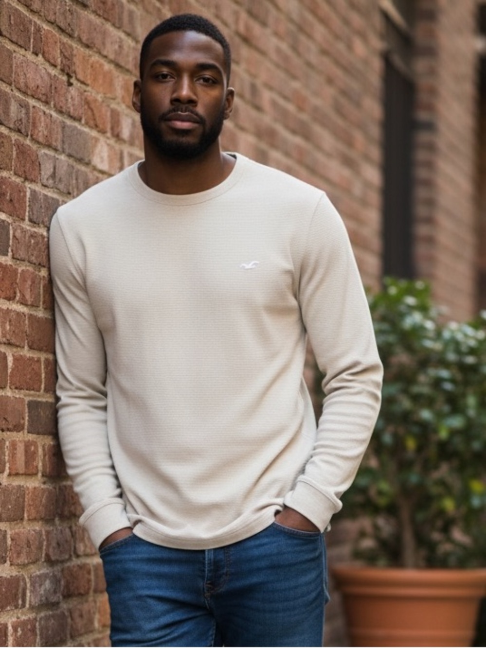 Hollister Beige Long Sleeve Waffle Knit Crewneck Shirt